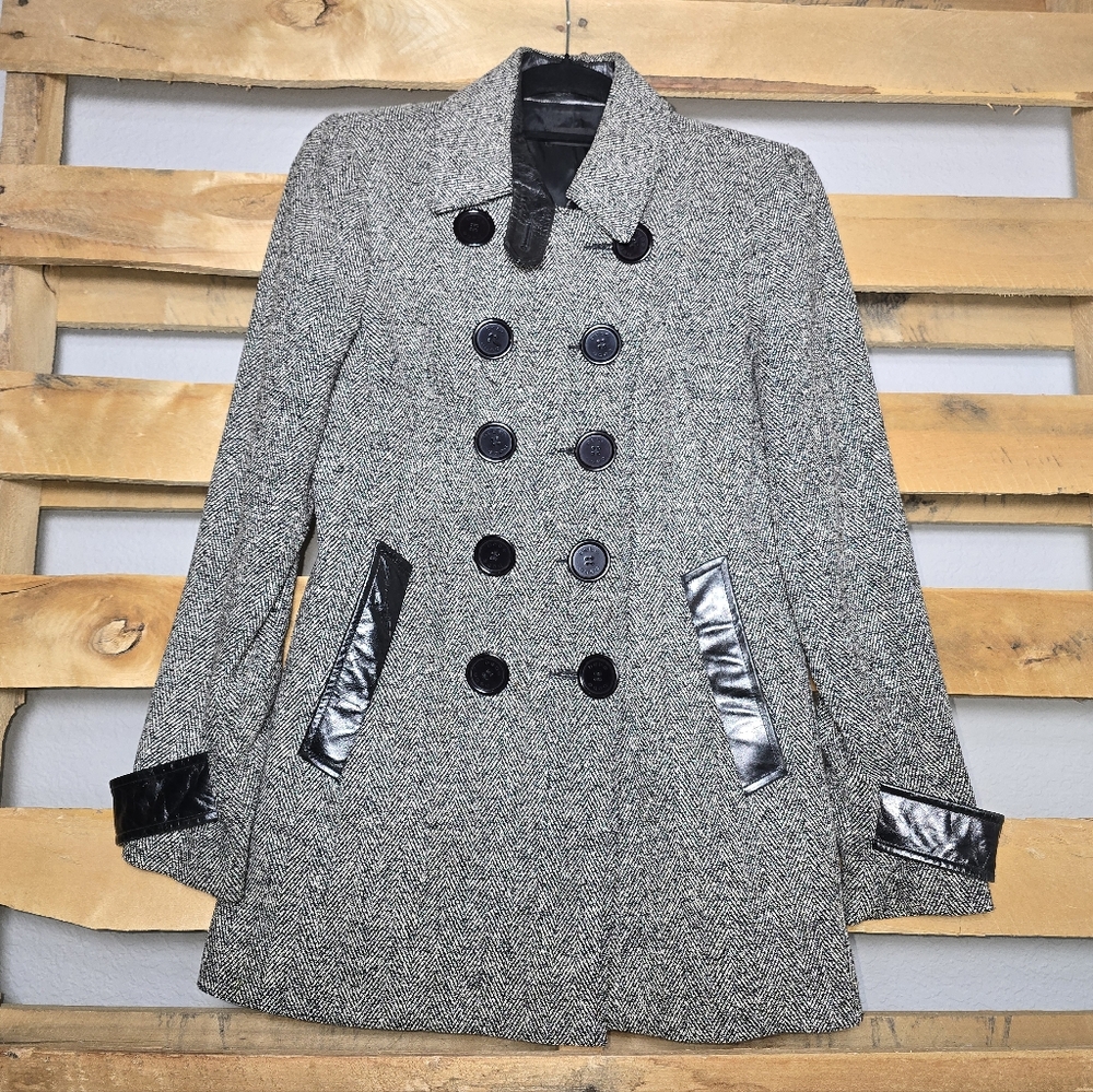 Bebe Black And White Double-Breasted Pea Coat Size:S/M